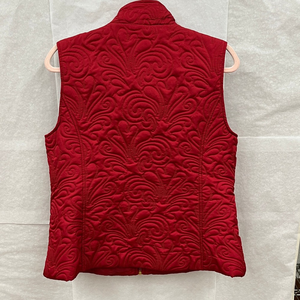 Black Rivet Puffer Vest Women Large Red Swirl Quilted Gold Zip Layering Chic - Picture 2 of 8